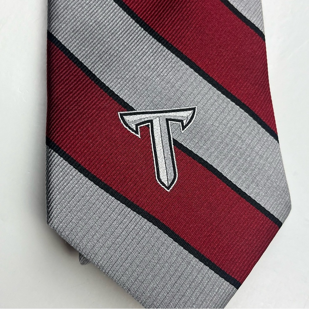Troy University Burgundy Gray Stripe 100% Silk Neck Tie Office Work Preppy NEW - Picture 2 of 10